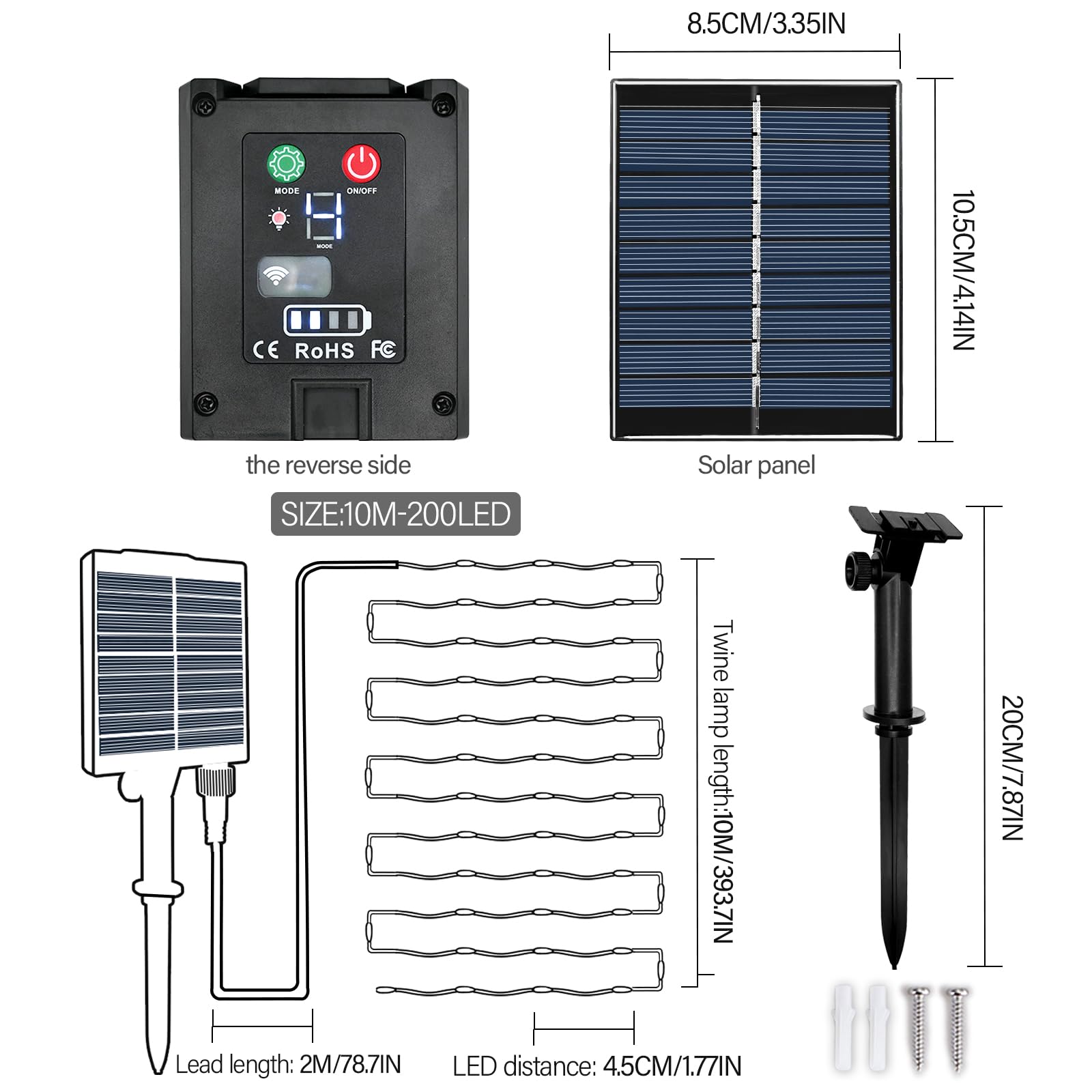 Solarny łańcuch świetlny 10 m, 200 diod LED, łańcuch świetlny z 8 trybami oświetlenia, regulacja jasności i timer, wodoszczelny, do ogrodu, na taras