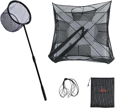 Fishing Bait Trap Collapsible Fish Bucket Net Lightweight Aluminum Pole Non-Slip Handle Catch Small Fish Crab Crawfish Cage 4 Hole