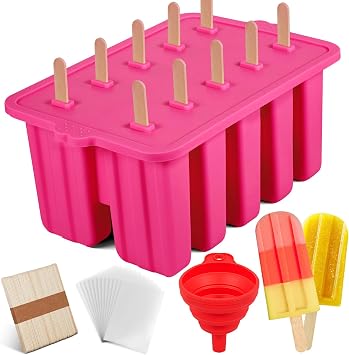 Homemade Popsicles Molds, Food Grade Popsicle Molds for Kids, 10 Cavity Non-BPA Silicone Ice Pop Maker, Reusable Silicone Popsicle Molds with 50 Stick, 50 Bags, Funnel Pink