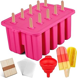 Popsicles Molds,10-Cav Silicone Popsicle Molds for Kid, BPA-Free Popsicle Mold, Ice Pop Mold Maker, Food Preparation Molds With 50 Bags, 50 Strips and Funnel (#Pink)