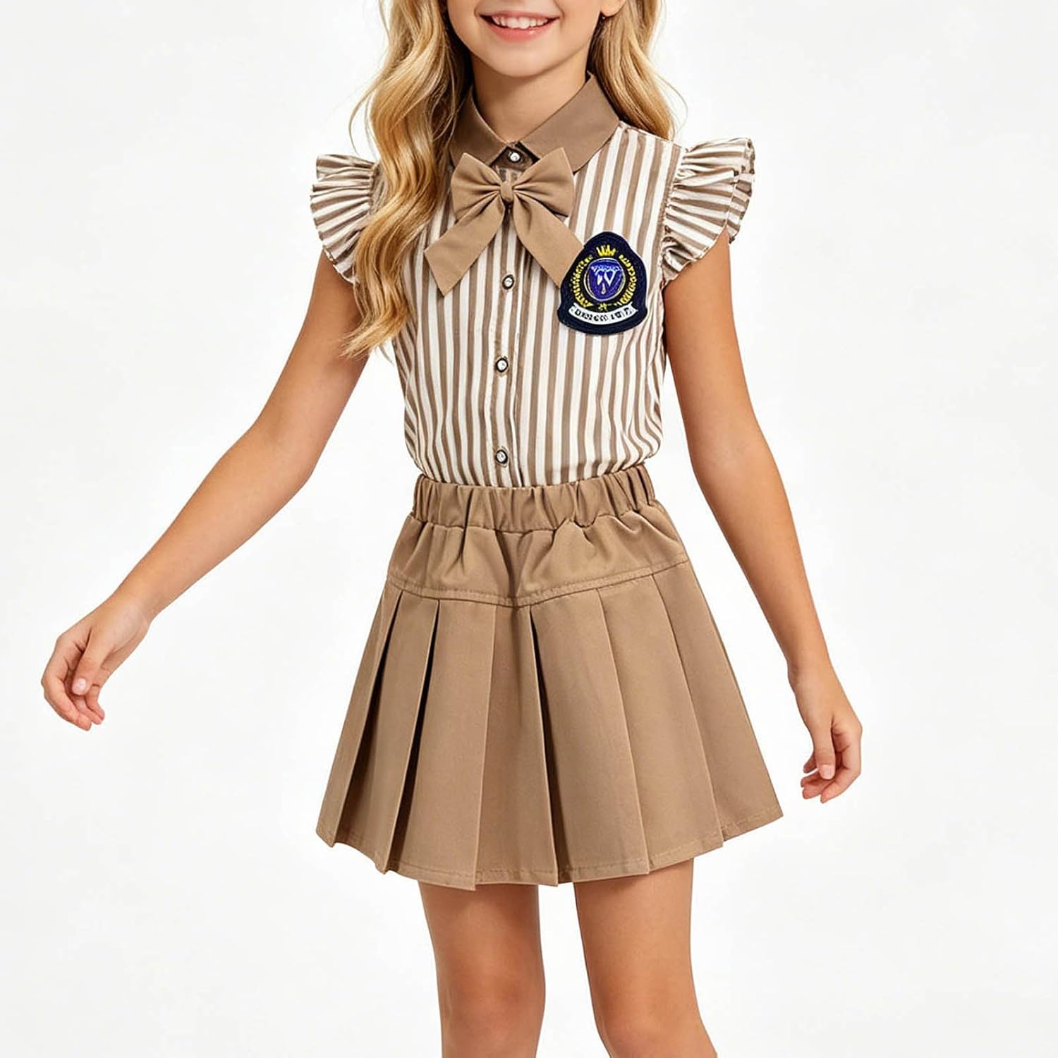 Girls Striped Preppy School Uniform Sets of 5 Ruffle Trim Button Down Shirt with Tie High Elastic Pleated Skirts