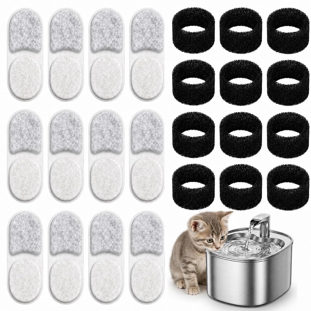 Compatible con Apuk APFSS-3201 3,2L Filtros Fuente Gatos 24 PCS, Filtro Fuente para Gatos con 12 Filtros de Carbón y 12 Esponjas, Cat Fountain Filtros para Bebedero de Agua