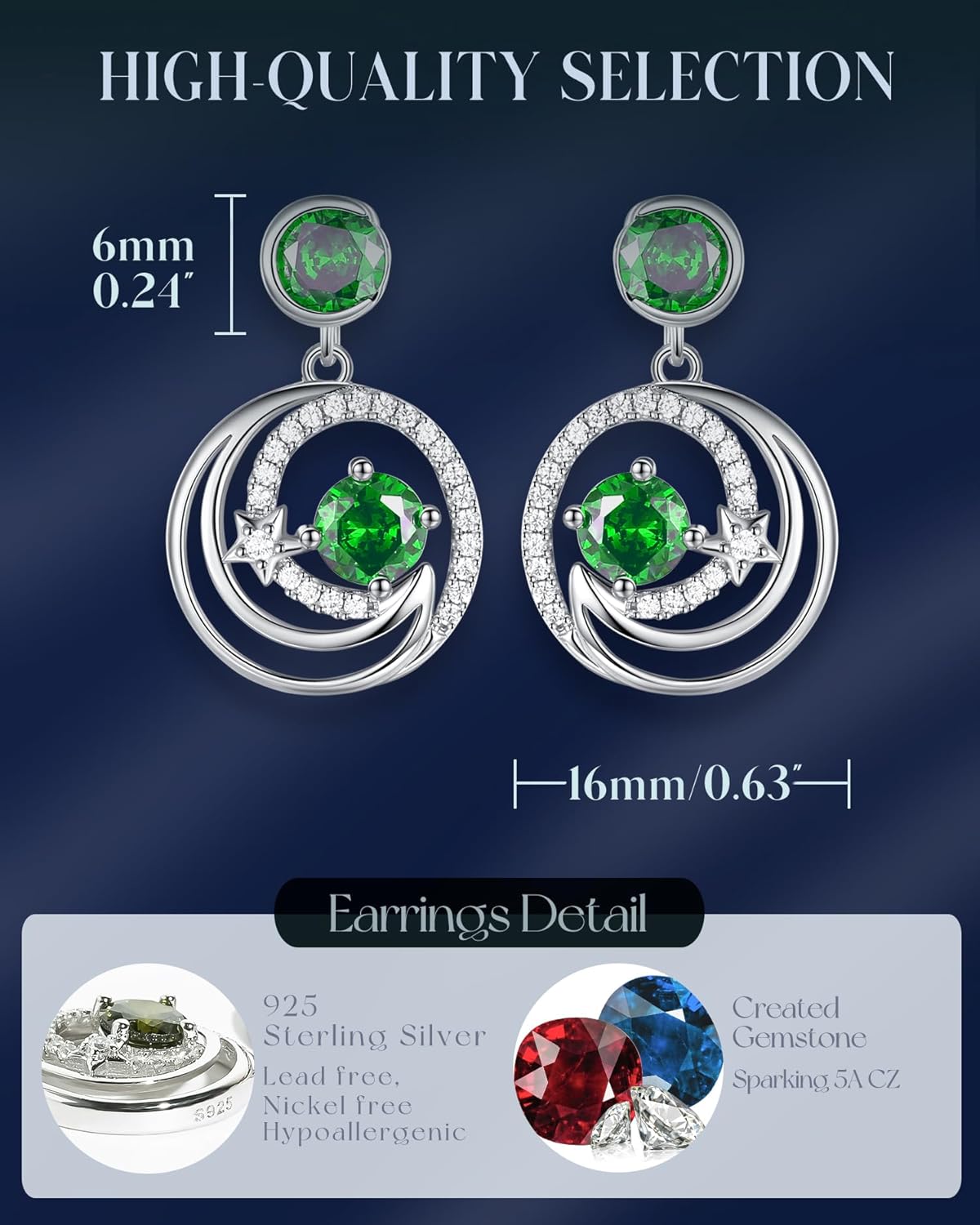 FANCIME Birthstone Dangle Drop Earrings for Women Sterling Silver Moon Star Round Gemstone Fine Jewelry Party Birthday Mothers Day Gifts for Women Mom Her