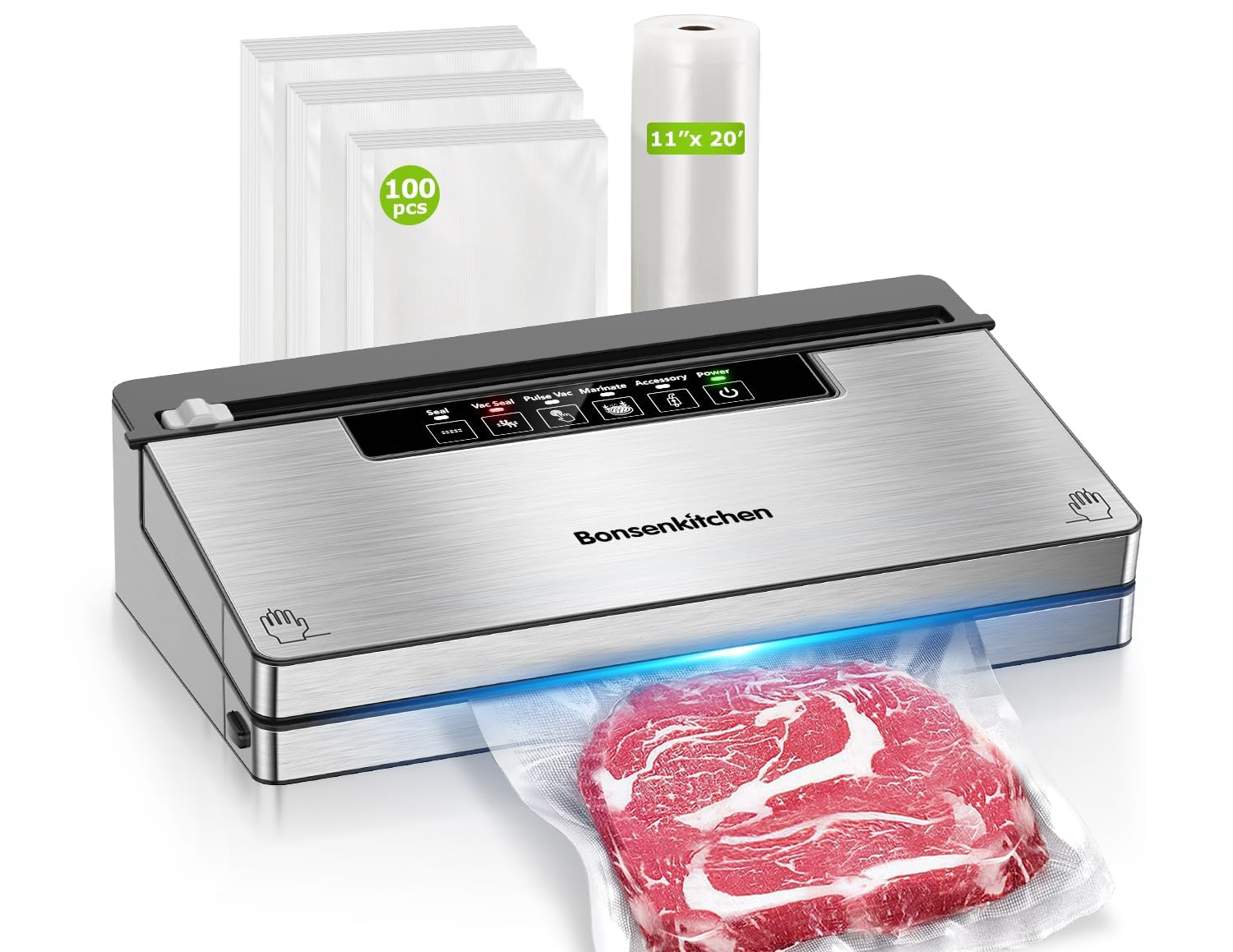 Bonsenkitchen stainless vacuum sealer machine with 100 bags and roll bag