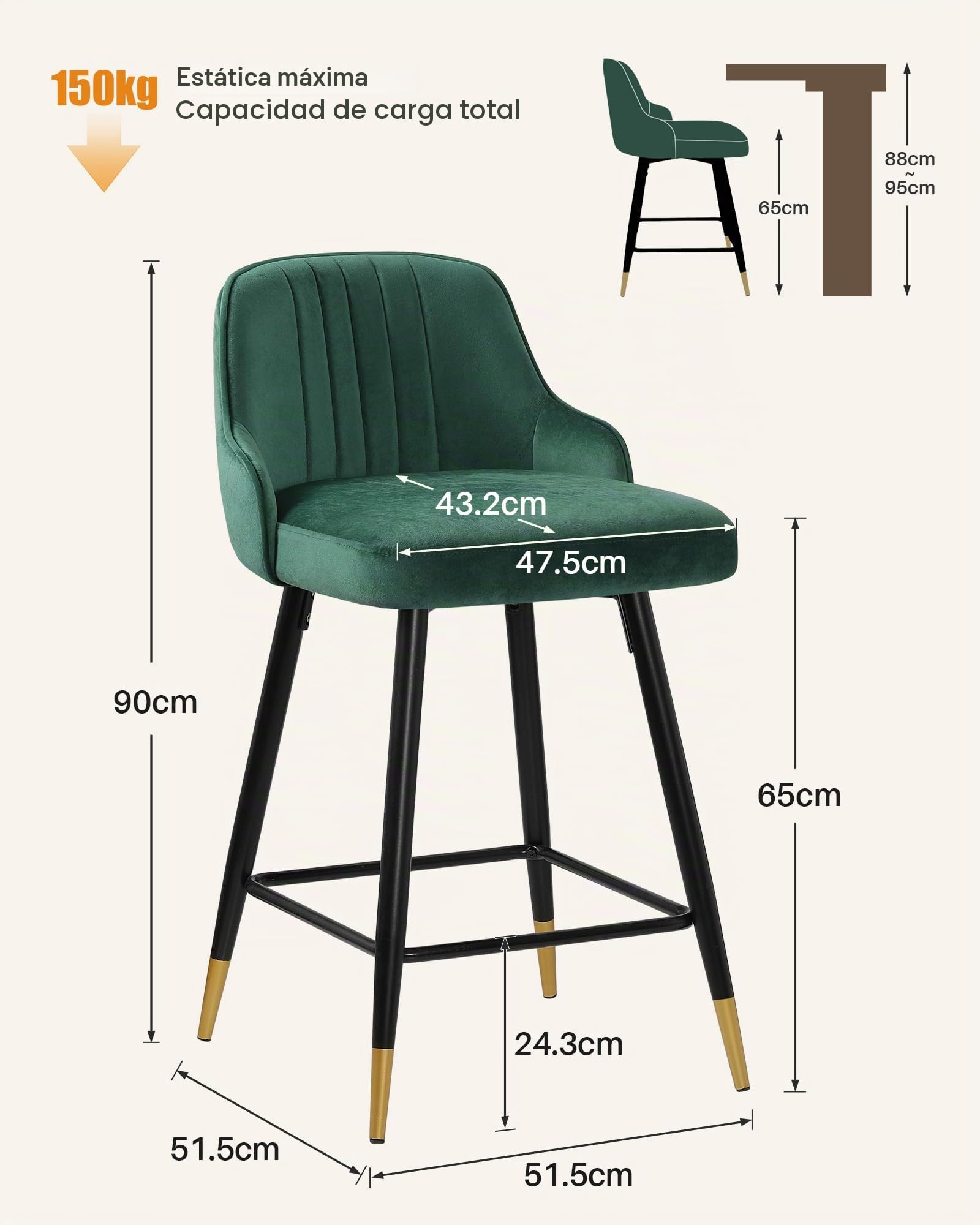 Bekrvio Juego de 2 taburetes de bar de terciopelo, Silla giratoria de 360°, Altura ajustable a 65 cm, Silla de bar tapizada con respaldo, Taburete de cocina moderno para cocina, mostrador, bar