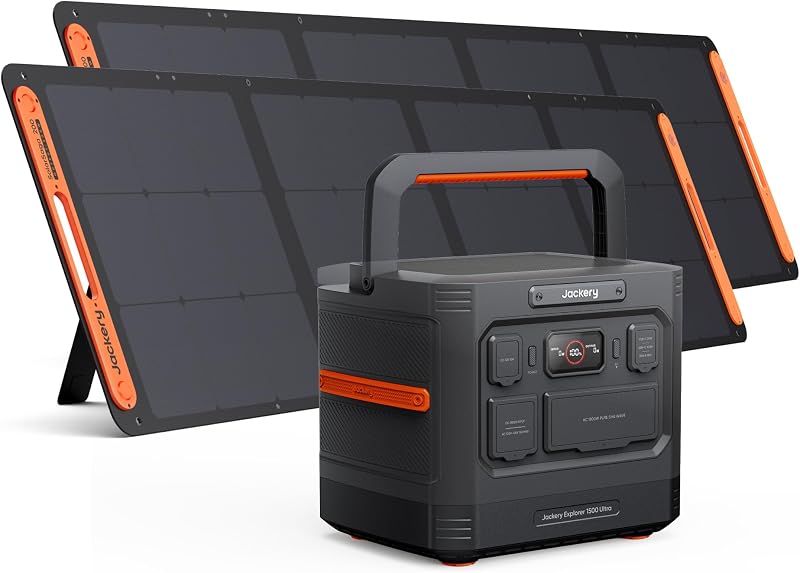 Generador Solar Jackery 1500 Ultra y 2 Paneles de 200W, 1536Wh, 1800W AC | Pico de 3600W, batería LiFePO4, resistencia al agua IP65, energía solar bifacial para vehículos fuera de la red y vehículos recreativos