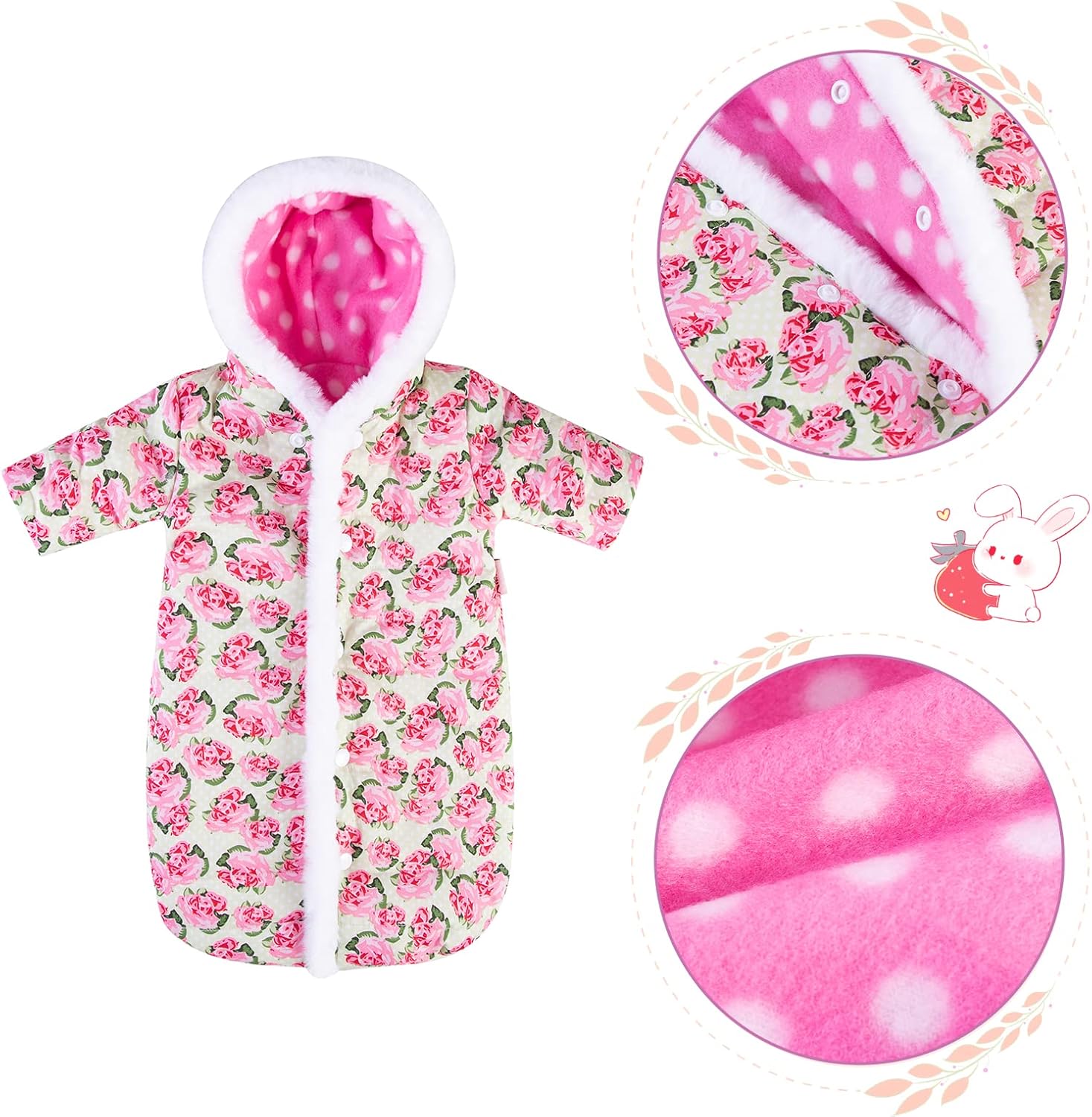 Doll Jumpsuit Sleeping Bag Handmade Doll Clothes Hooded Romper Pink Rose Winter Hoodie Doll Accessory Soft Thick Swaddle Blanket Fit for 18" Dolls (Doll not Included)
