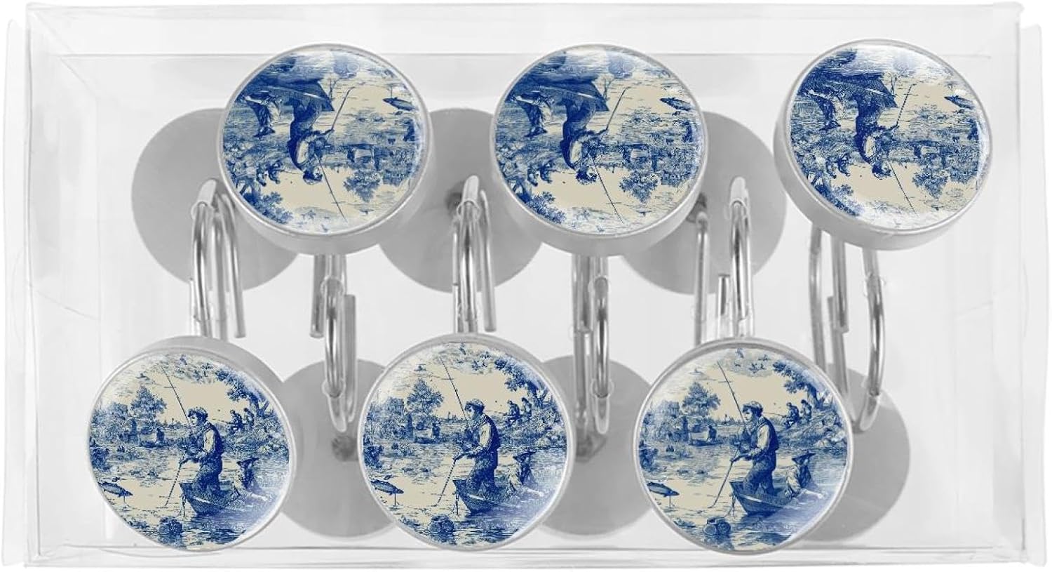 Set of 12 Scenes of Fishing in Toile de Jouy Style Shower Curtain Hooks Rings, Double Glide Shower Hooks for Bathroom Shower Rods Curtains