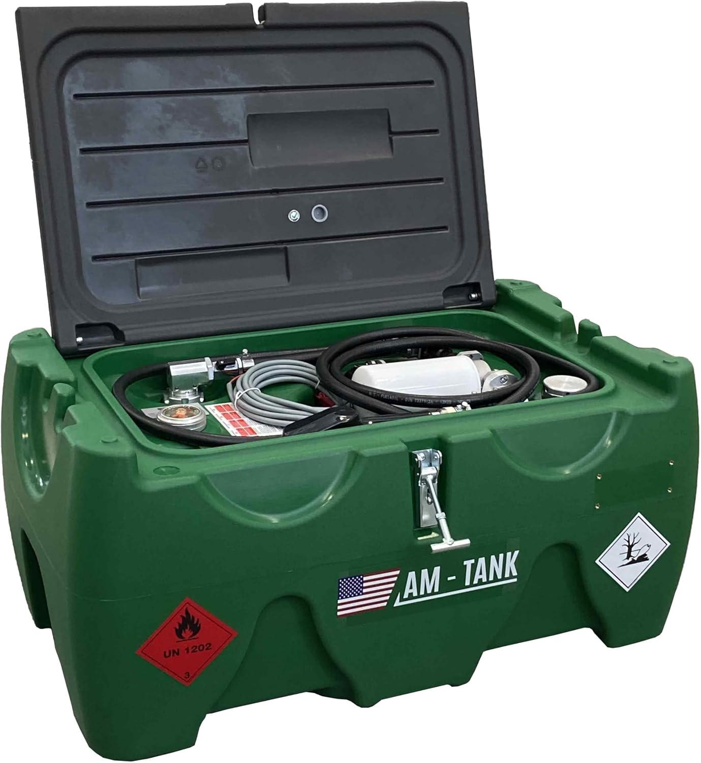 AM-TANK 40 DIESEL: Portable 40 gal Diesel Tank to fit under Truck Tonneau Cover with 12V Pump, Particulate and Water Filter, 13ft hose and Auto-Nozzle.