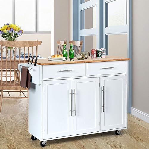 Miniatura 3 de GLACER Isla de cocina con ruedas, carrito de isla de cocina rodante con parte superior de madera de goma, mango lateral, cajones grandes, gabinete