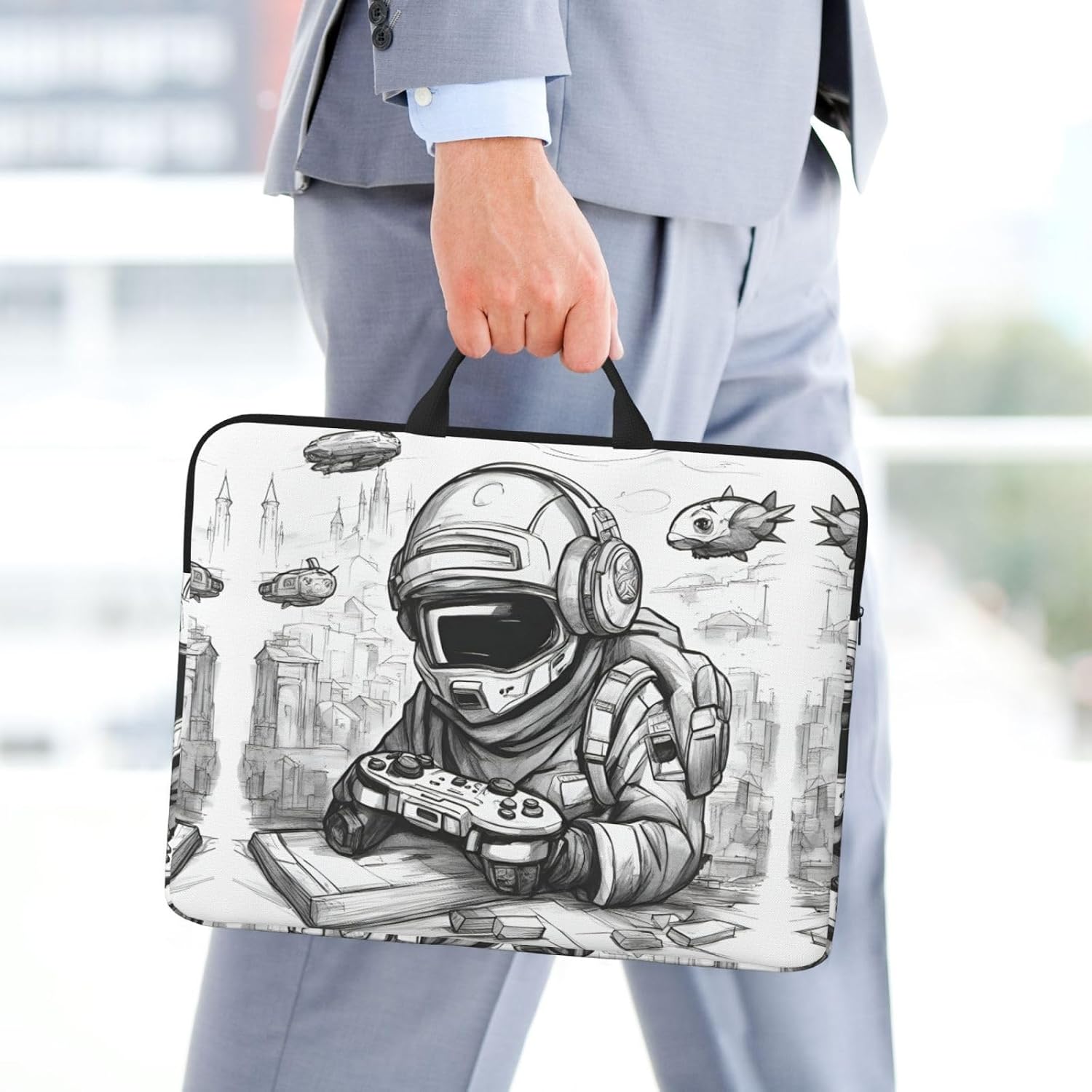 Monochrome Sketch Style Gaming Print Laptop Carrying Case, Laptop Sleeve Case, Computer Bag, Traveling Computer Cover For 14 Inch image 2
