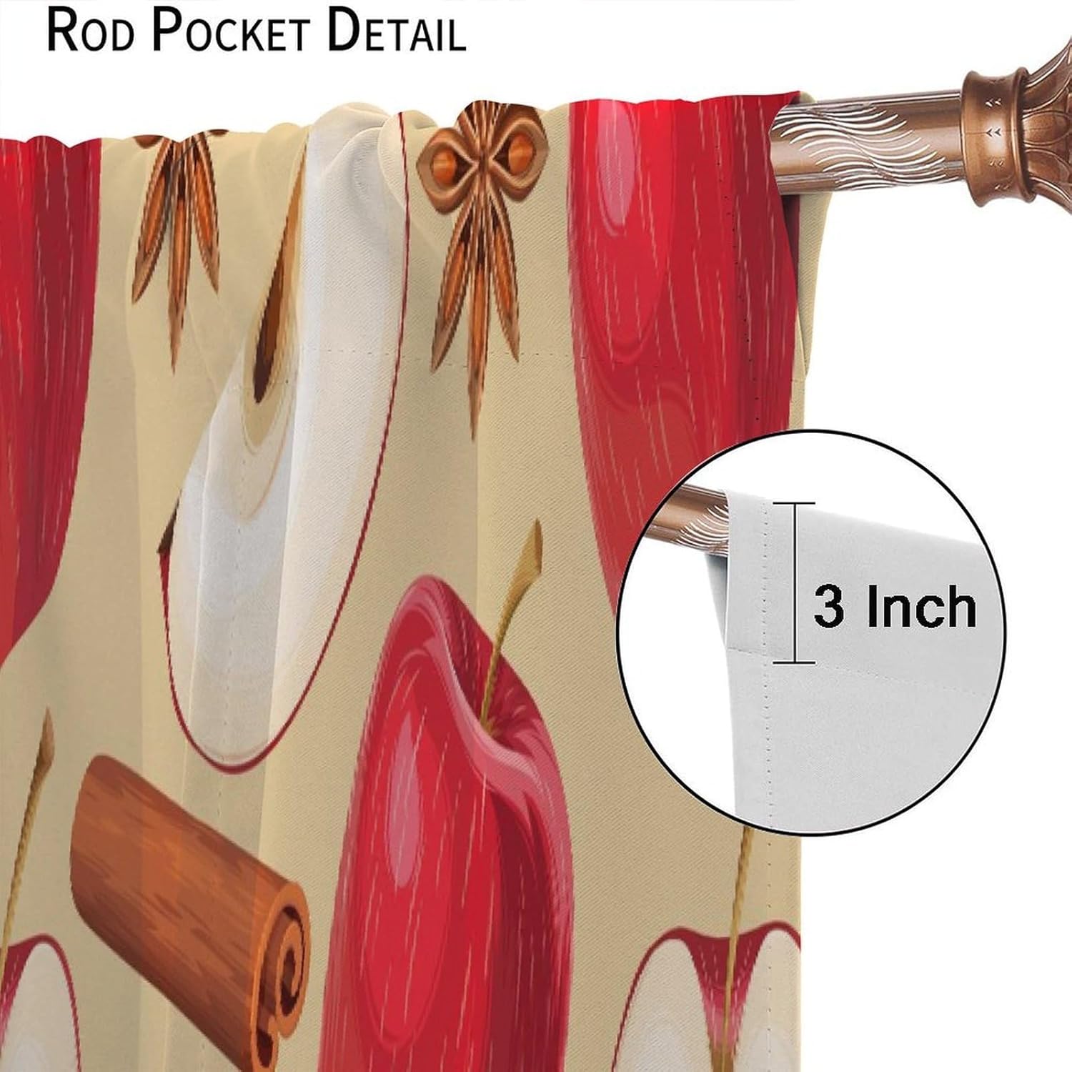 Vintage Fruit Curtains, Warm Pastoral Rustic Hand Drawn Beige Red Vivid Fresh Apples Spice Food Seamless Pattern Drapes, Blackout Rod Pocket Window Treatments for Living Room Bedroom Kitchen 42x45in