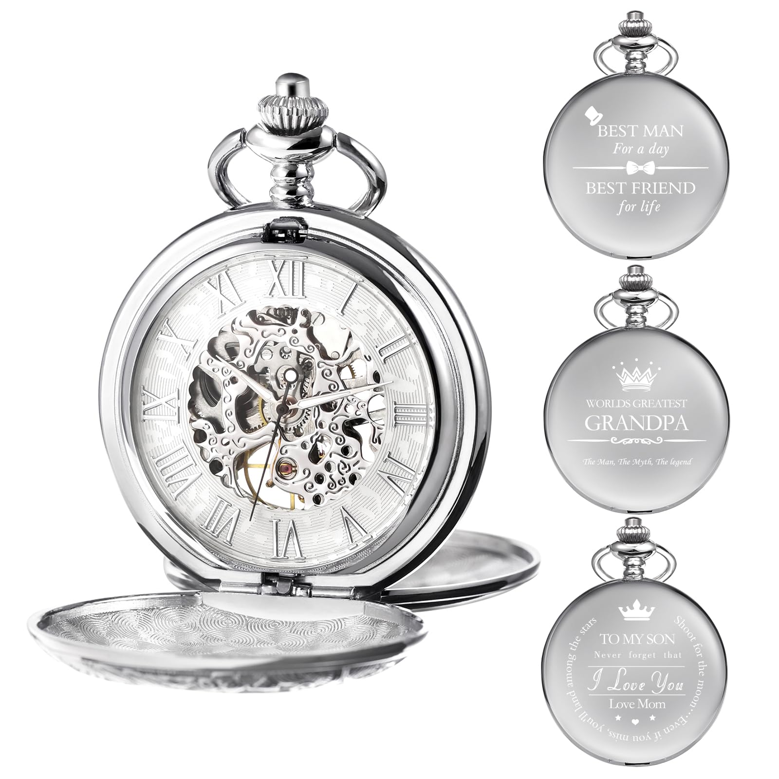 TREEWETO Reloj de bolsillo para hombre, grabado personalizado, reloj de bolsillo con cadena, clásico, vintage, regalos mecánicos, regalo para boda, padrino, novio, mejor hombre