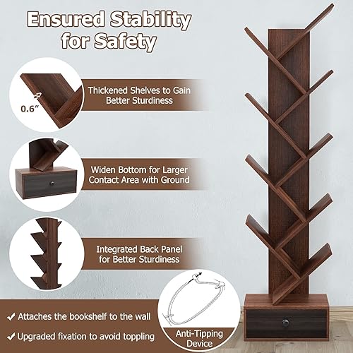 Miniatura 5 de Giantex Estantería de árbol de 10 niveles con cajón, estantería de madera independiente de 59 pulgadas, estante de almacenamiento de madera retro,