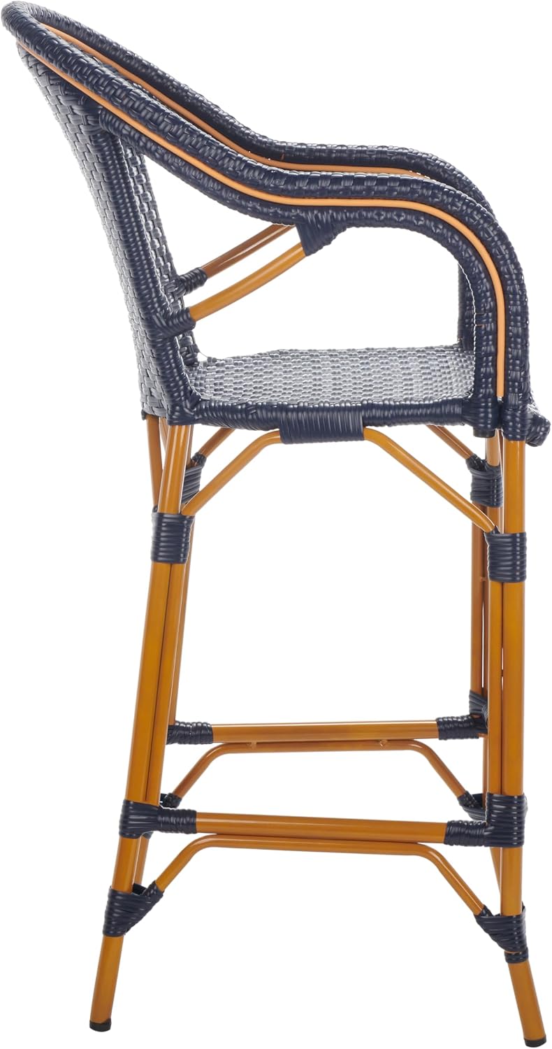 SAFAVIEH Outdoor Collection California Bistro Navy 30-inch Seat Height Bar Stool with Arms (Fully Assembled)