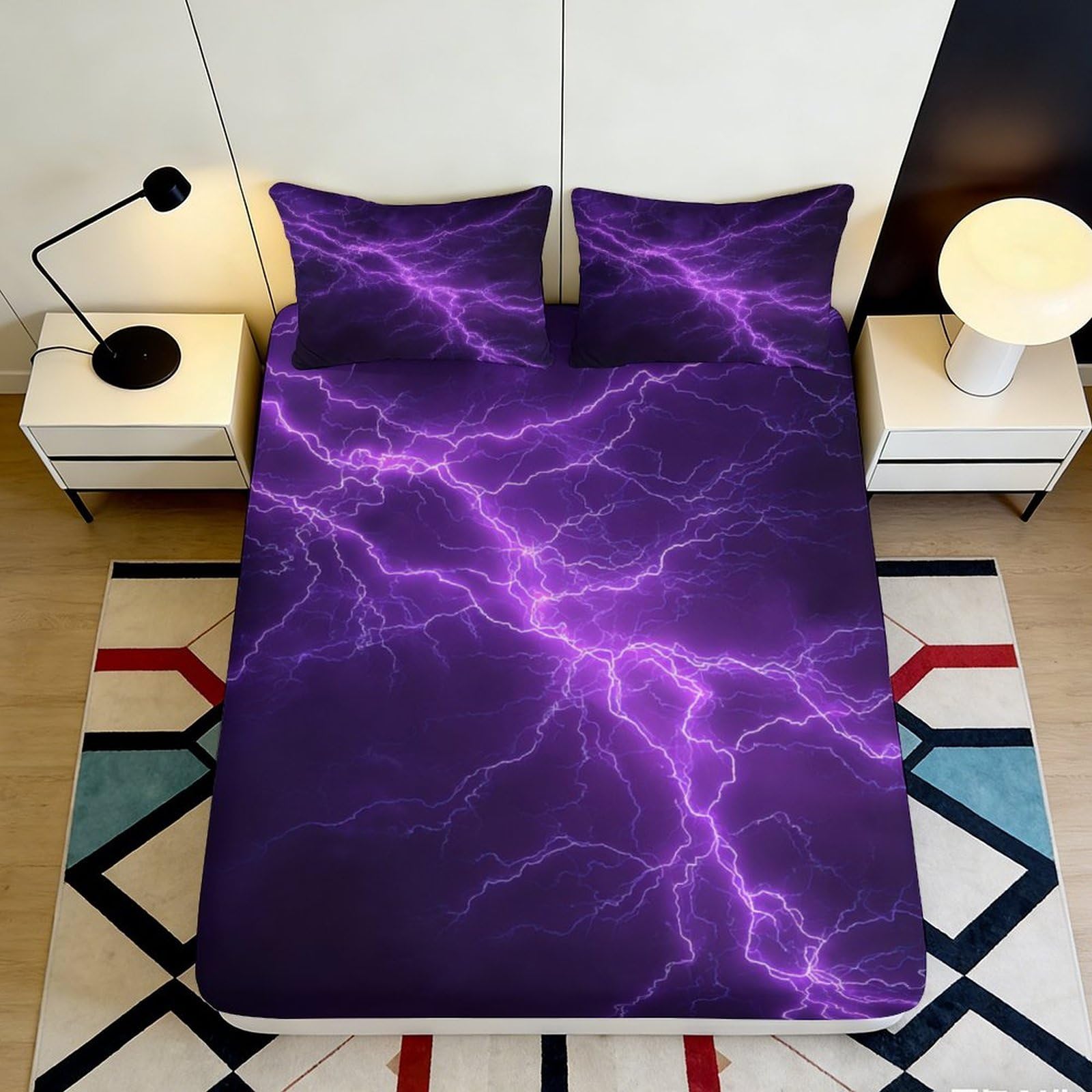 3D Printed Purple Lightning Fitted Sheet Microfiber Soft Breathable Electric Storm Mattress Cover for Bedroom Dorm Protection Decor 180x200x25cm