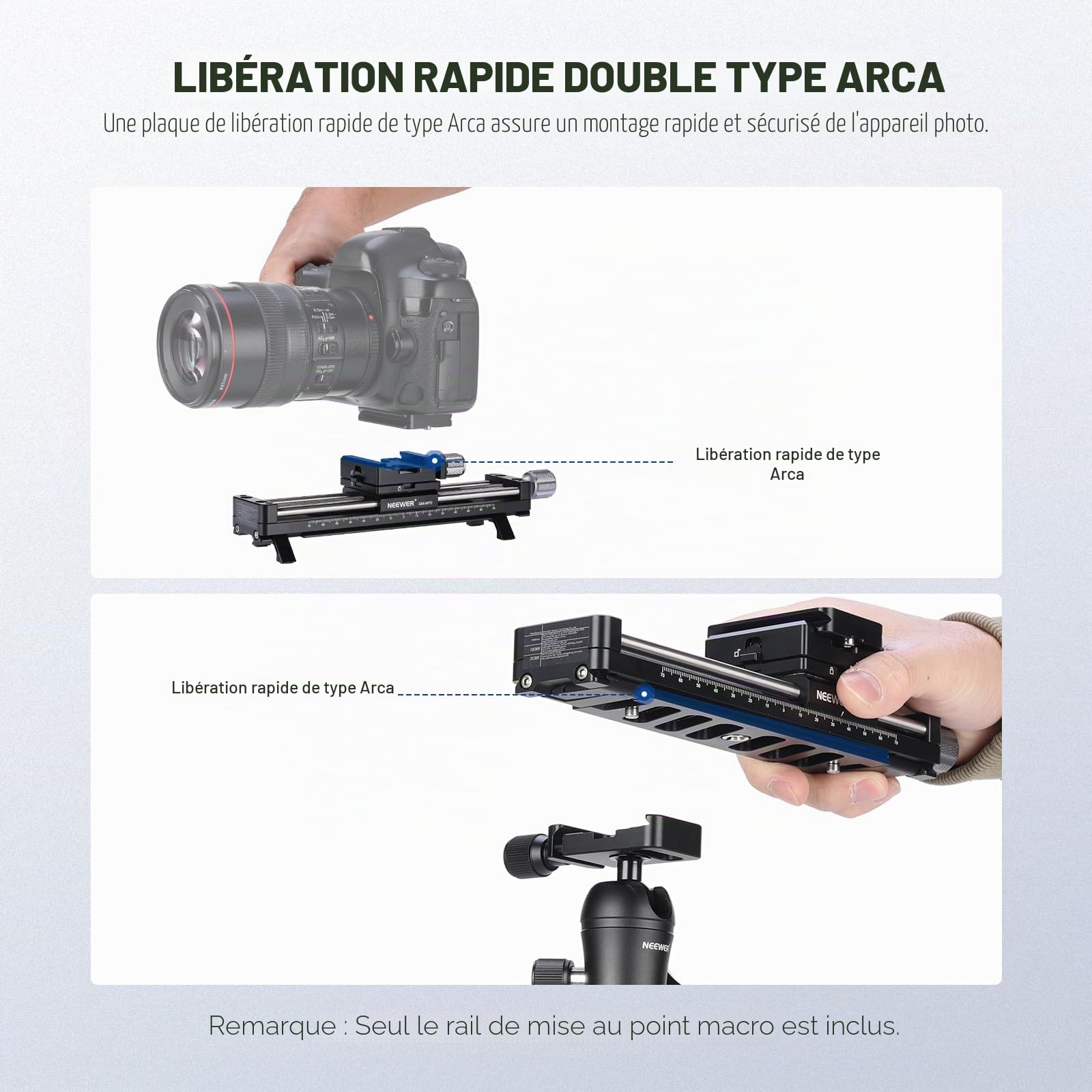 NEEWER GM-MP2 Rail de Mise au Point Macro 140 mm avec Rotation à 360°, Verrouillage 4 Directions, Pieds rétractables, Plaque QR de Type Acra, vis 6,35 mm et 3/8" pour Photographie Macro, Prise de Vue