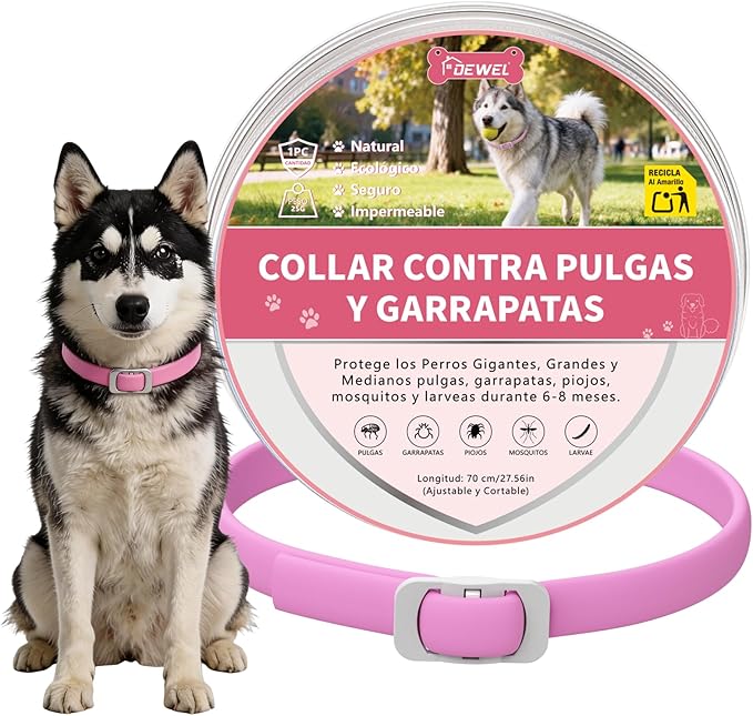 DEWEL Collar Antiparasitario para Perros Grandes y Gigantes (70 cm) - 8 Meses de Protección Eficaz contra Pulgas, Garrapatas, Mosquitos y Piojos - Ajustable, Cómodo y Resistente al Agua