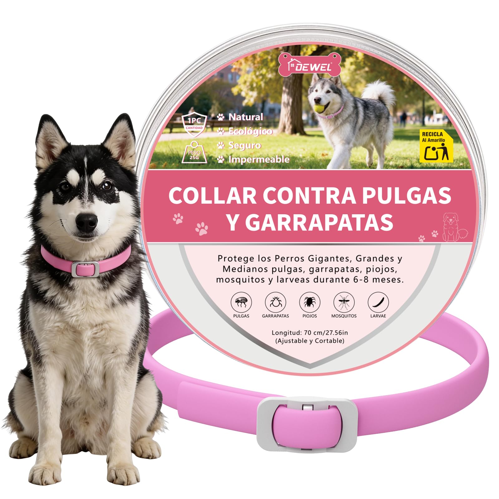 DEWEL Collar Antiparasitario para Perros Grandes y Gigantes (70 cm) - 8 Meses de Protección Eficaz contra Pulgas, Garrapatas, Mosquitos y Piojos - Ajustable, Cómodo y Resistente al Agua