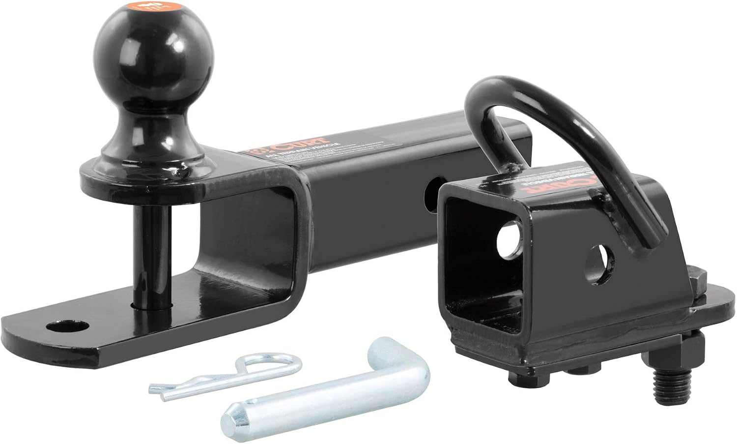 CURT 45038 3-in-1 UTV, ATV Trailer Hitch Mount with 2-Inch Receiver Adapter, 2-Inch Ball, Clevis Pin, 5/8-Inch Hole, Gloss Black Powder Coat
