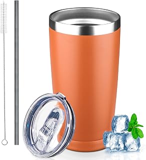 20 oz Tumbler with Lids and Straws, Stainless Steel Insulated Coffee Tumbler, Double Wall Vacuum Insulated Travel Mug Cup, Leakproof Thermal Coffee Cup for Hot and Cold Drinks (Orange)