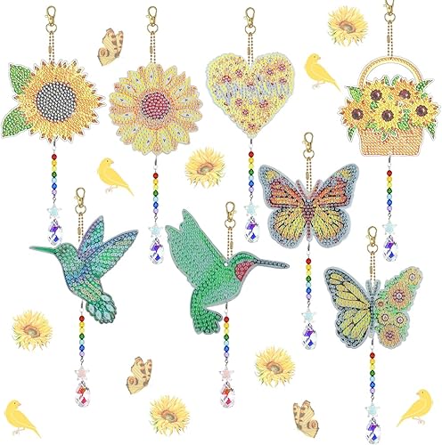 SENHAI Kit de 8 carillones de viento de pintura de diamante 5D, colibrí de doble cara, arte de diamante, girasol, viento, cristal, mariposa, adornos