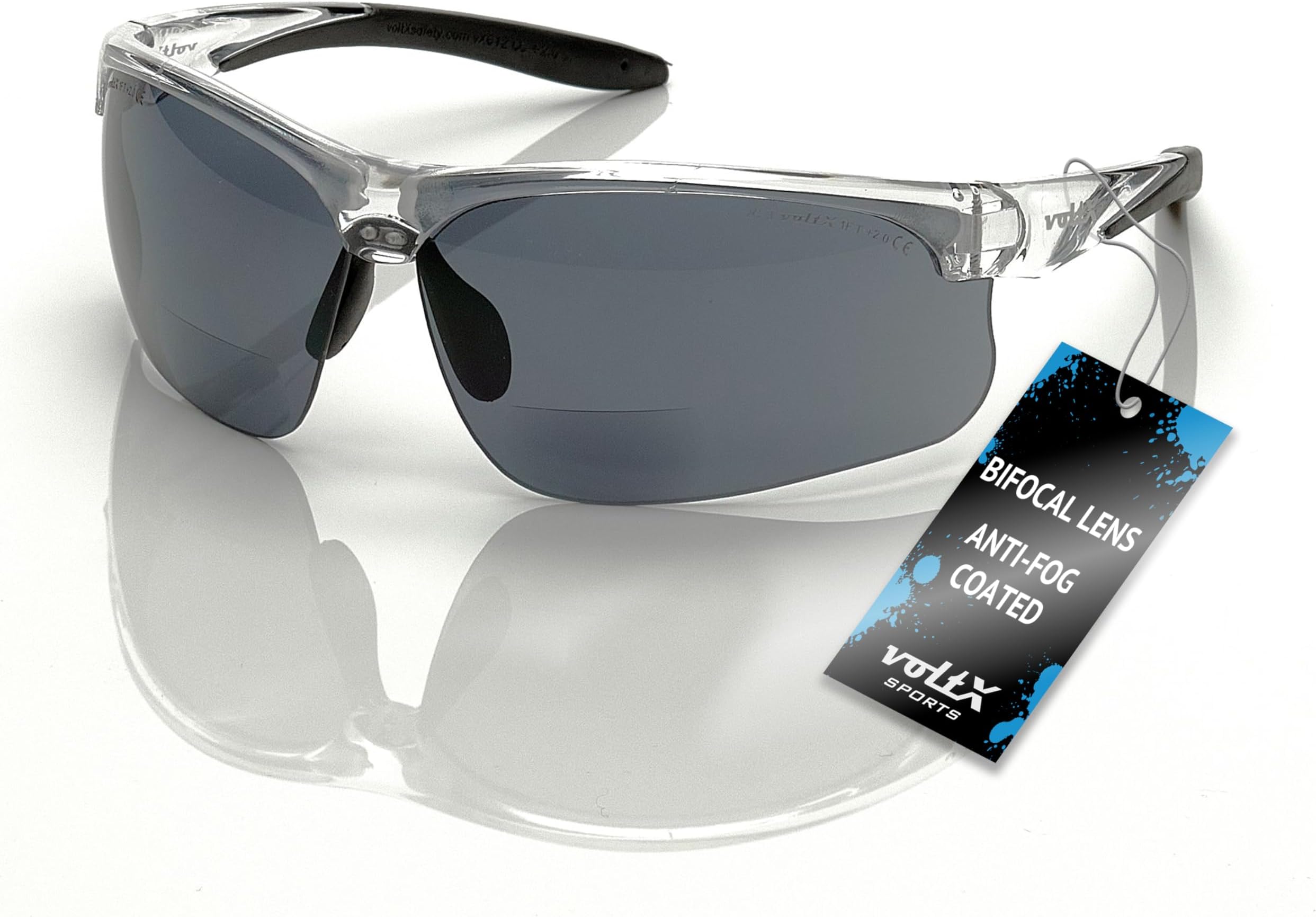 voltX 'ULTIMATE SPORTS' Bifocal Safety Glasses (+2.5 Dioptre, ULTIMATE Smoke) - Anti Fog Coated UV400 lens - Adjustable nosepiece - Microfibre Carry Bag
