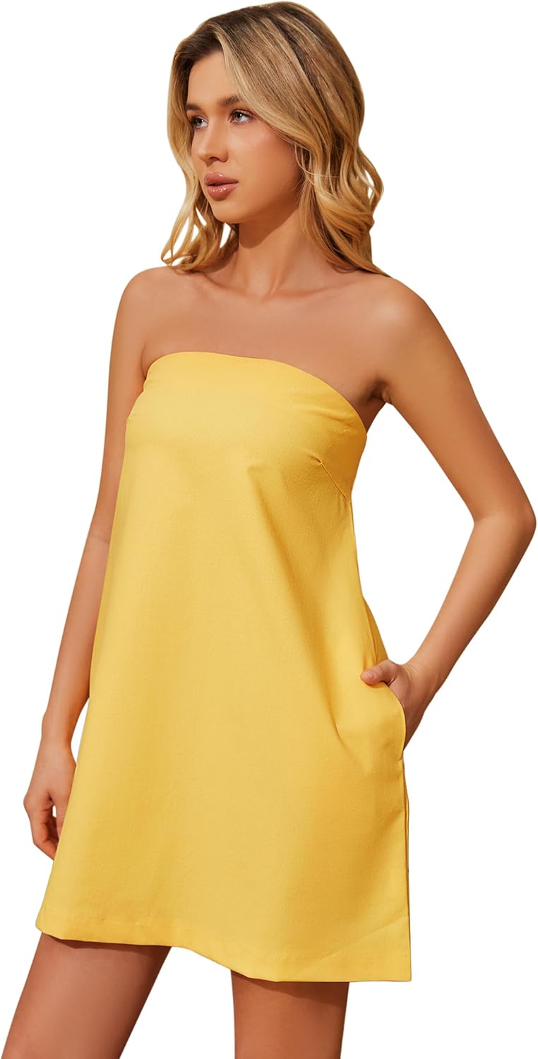 Meladyan Women’s Summer Tube Dress Strapless Backless Mini Tube Dress Smocked Cut Out Relaxed Mini Dresses with Pockets - Image 2
