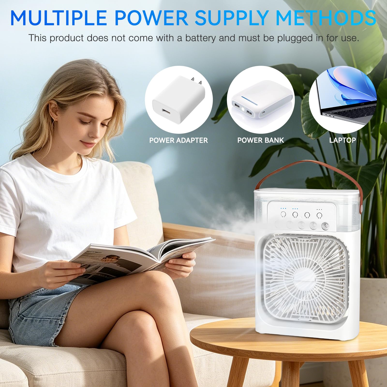 Przenośny klimatyzator 600 ml, przenośny mini klimatyzator, 7 diod LED, mały, 3 prędkości i 3 tryby mgły, przenośny klimatyzator z timerem 1/2/3 h, dla rodziny, w podróży, do biura, na kemping