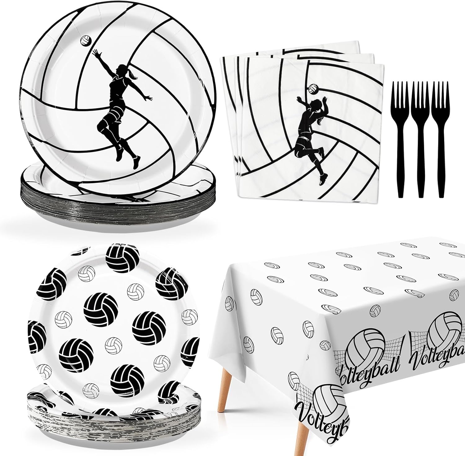 Grencian 99Pcs Volleyball Birthday Party Supplies 96Pcs Volleyball Paper Plates Napkins Forks 3 Pcs Tablecloths Sports Theme Party Disposable Tableware for Girls Birthday Decorations
