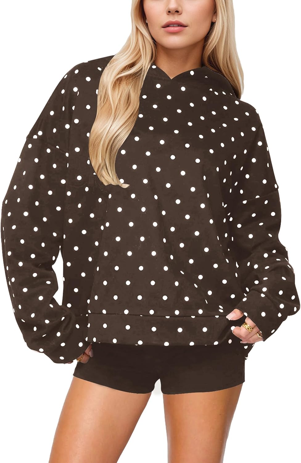 SHBECYDE Women Polka Dot Fleece Hoodie Trendy Oversized Long Sleeve Aesthetic Graphic Print Hooded Sweatshirt Pullover Tops