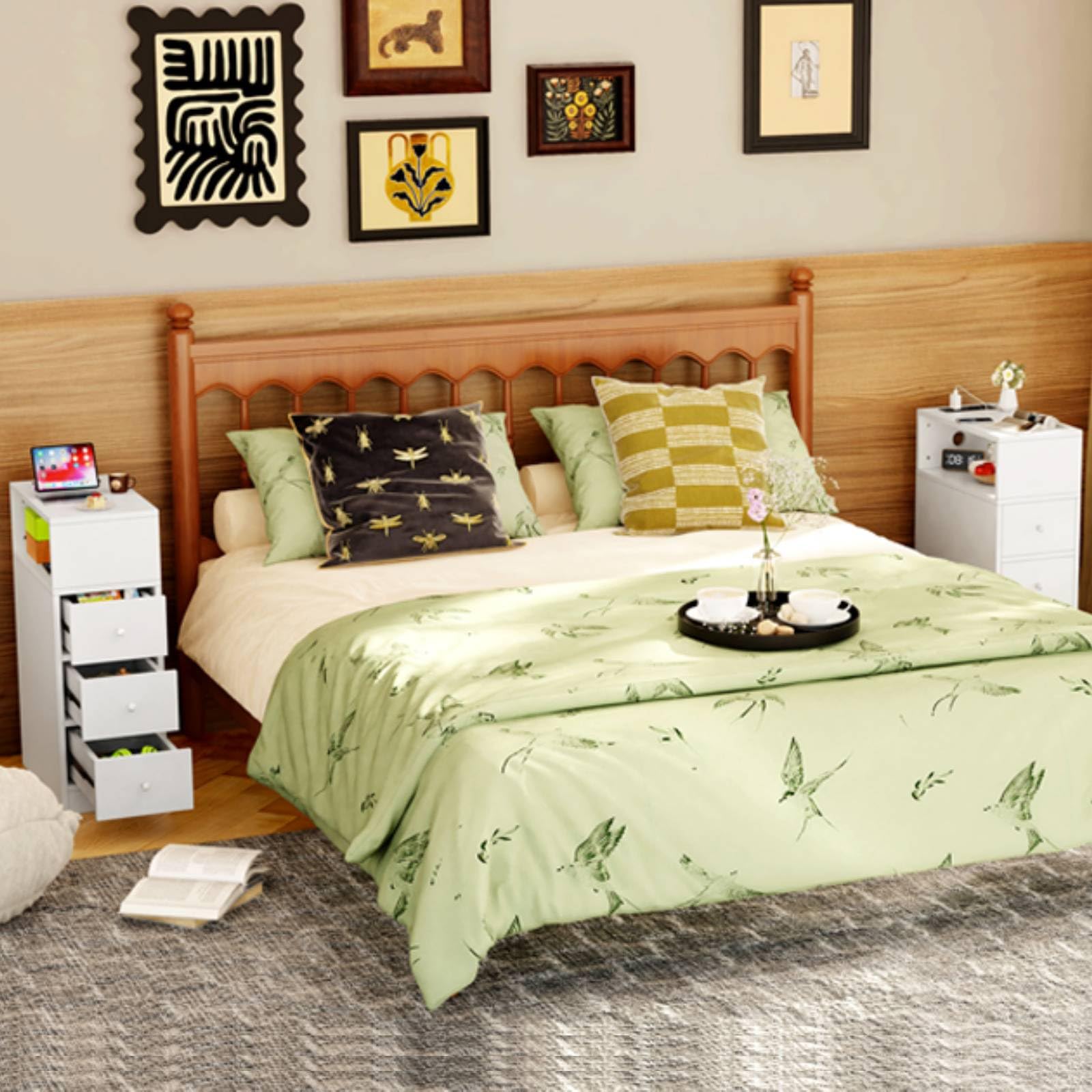 Comodino Stretto con Prese e Porte USB Bianco Comodino con Scomparti a Giorno e Cassetto Tavolino da Notte Mobile Salvaspazio per Camera da Letto Soggiorno 45x25x70cm Comodini Strett, 1 pezzo