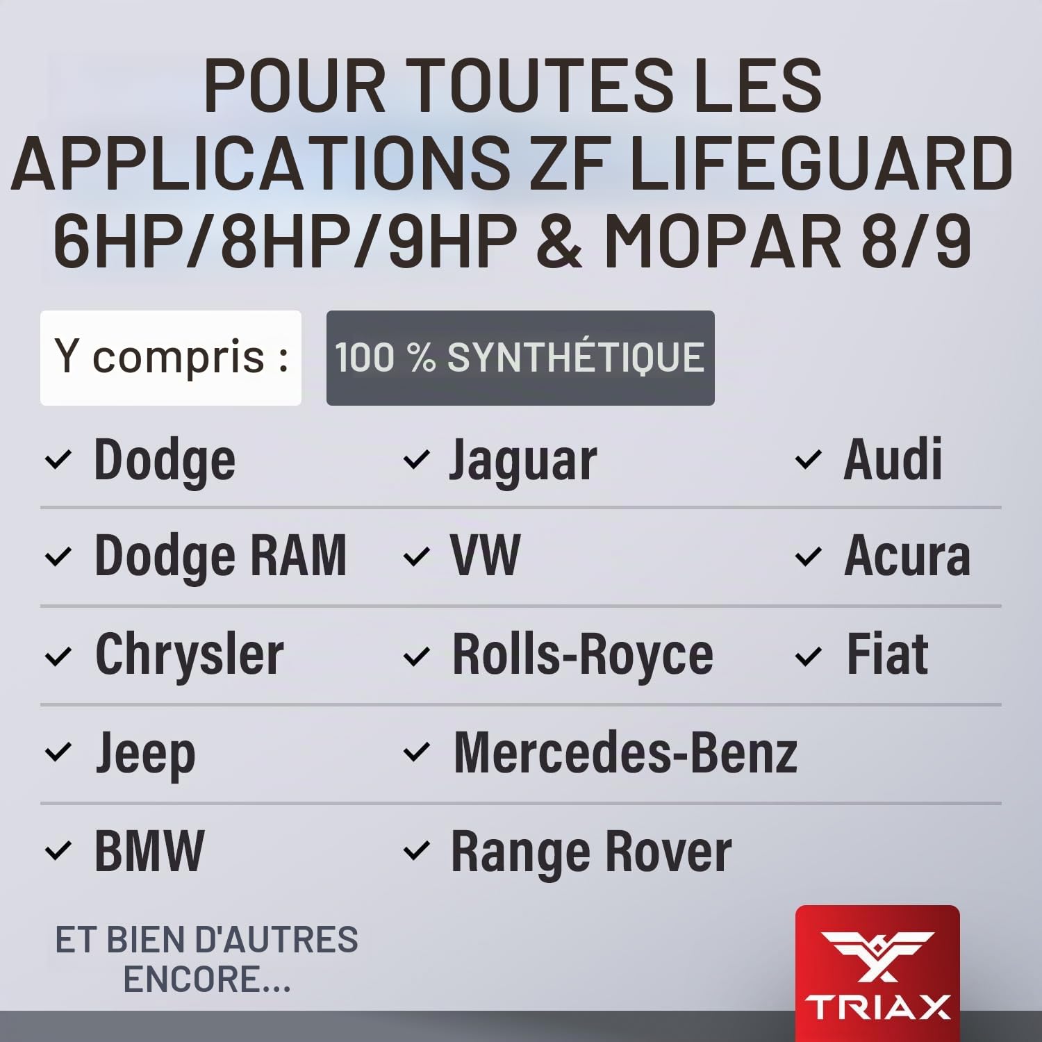 TRIAX ATF 689 Full Synthetic – Pour Boîtes Automatiques ZF 6HP 8HP 9HP – Compatible avec Jeep Chrysler Dodge RAM Audi BMW Land Rover Mercedes Benz Porsche et Plus – 946 ml