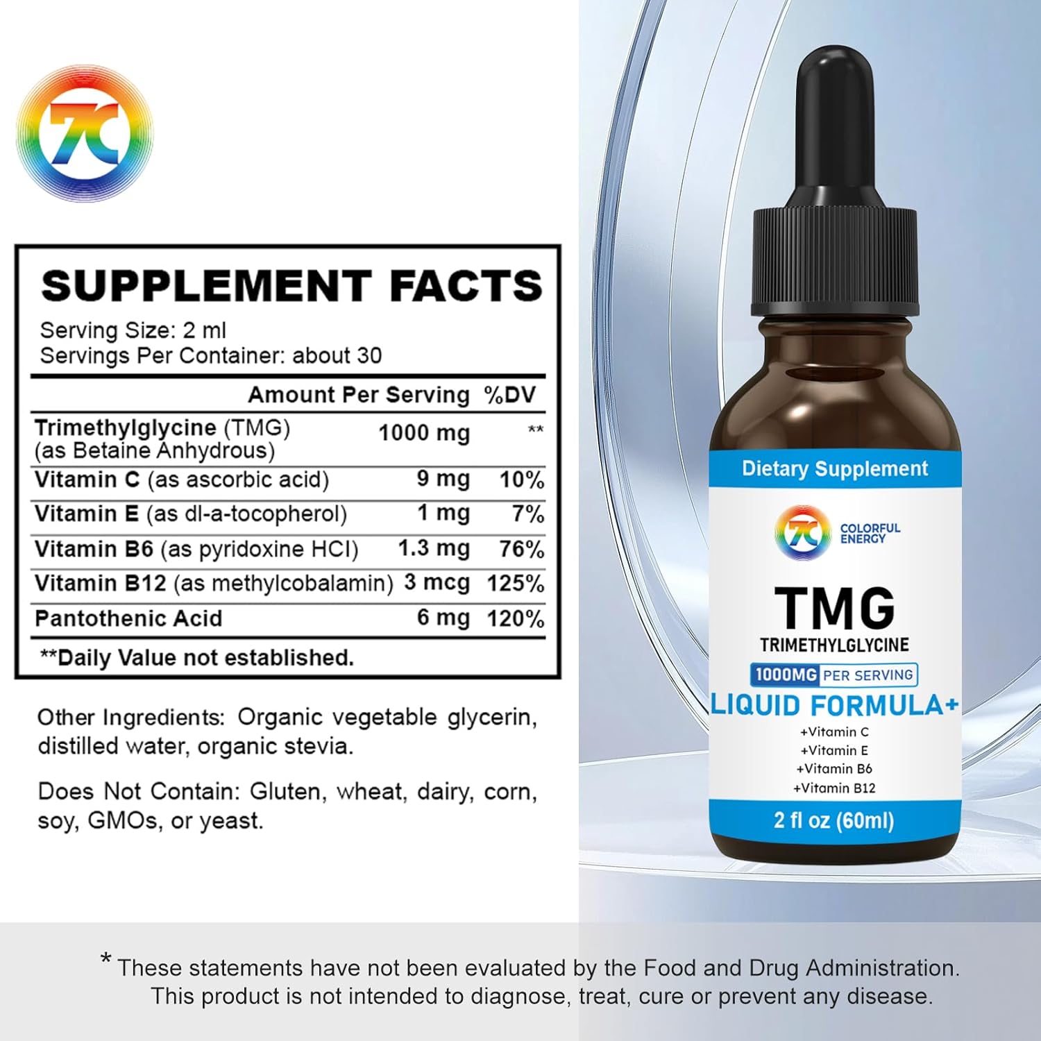 7c TMG Supplements 1000mg | Trimethylglycine Vitamin C, E, B6, B12 Complex for Methylation, Liver & Energy | Natural TMG Betaine Extract, Non-GMO, Vegan, Gluten-Free | 2 Fl Oz, 30 Servings - Image 2