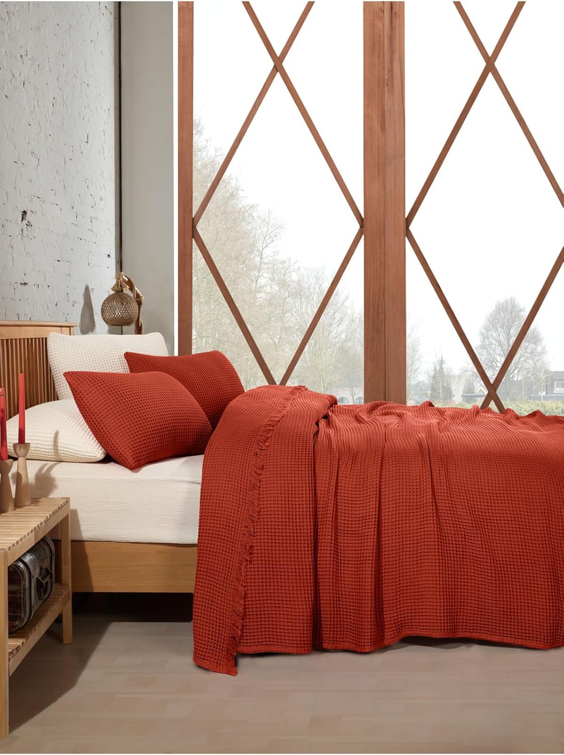 Waffle Weave Bedspread Queen Size 100% Cotton Textured Coverlet Breathable Lightweight Bedding Solid Color Bed Cover Dark Orange - Dark Orange, One Size