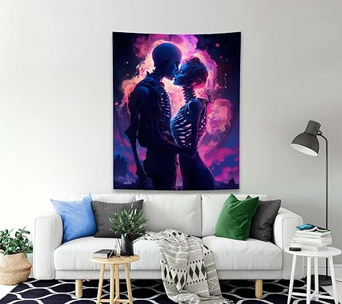 Miniatura 9 de QGHOT Tapiz gótico de esqueleto para parejas, besos, amantes, tapiz para colgar en la pared, tapiz de pared Trippy caprichoso para sala de estar,