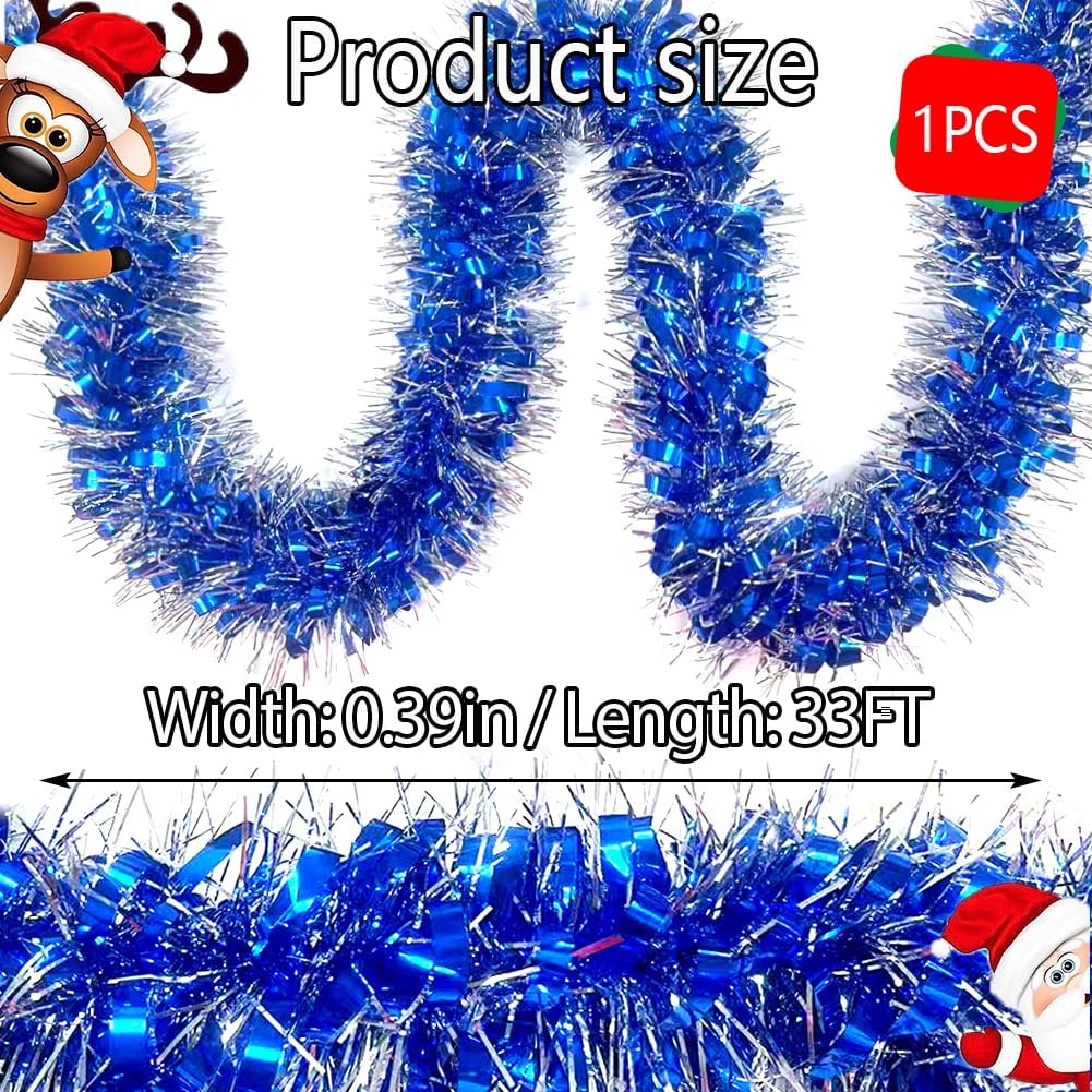 33Ft Long Blue Tinsel Twist Garland Shiny Thick Metallic Foil Xmas Tree Decorations for Birthday Party Christmas New Year Parties Parade Floats and Other Holidays Hanging Decor-(Blue+Silver)