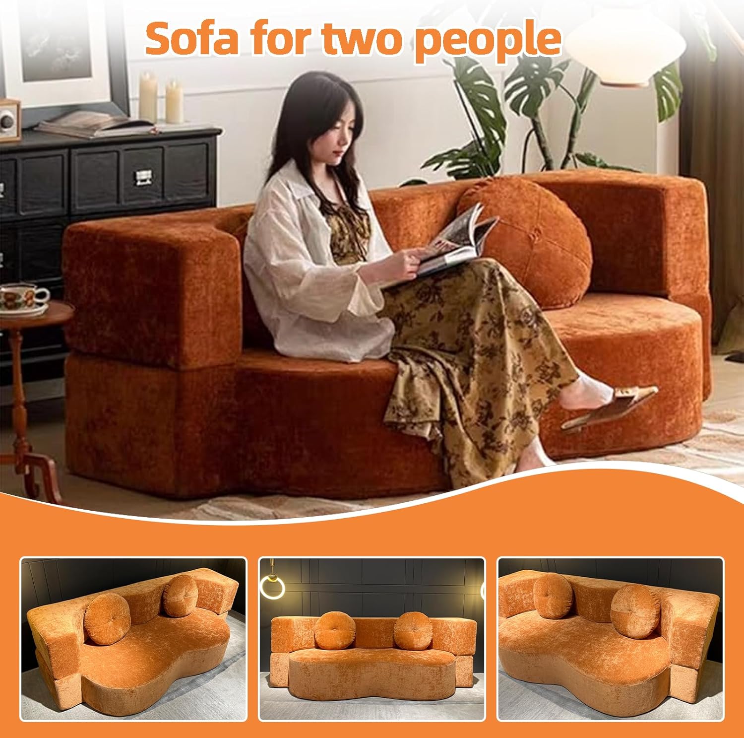 Convertible Sofa Bed 78" 3-in-1 Multi-Functional, High Density Memory Foam, Includes Pillows, Corduroy, Pet-Friendly, Orange
