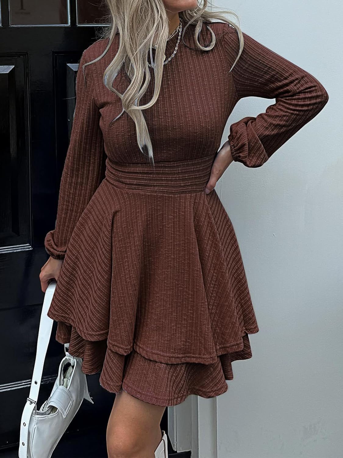 Womens Long Sleeve Knit Dress Casual Lantern Sleeve Crewneck Ruffle Short Flare A-Line Mini Sweater Dress - Image 4