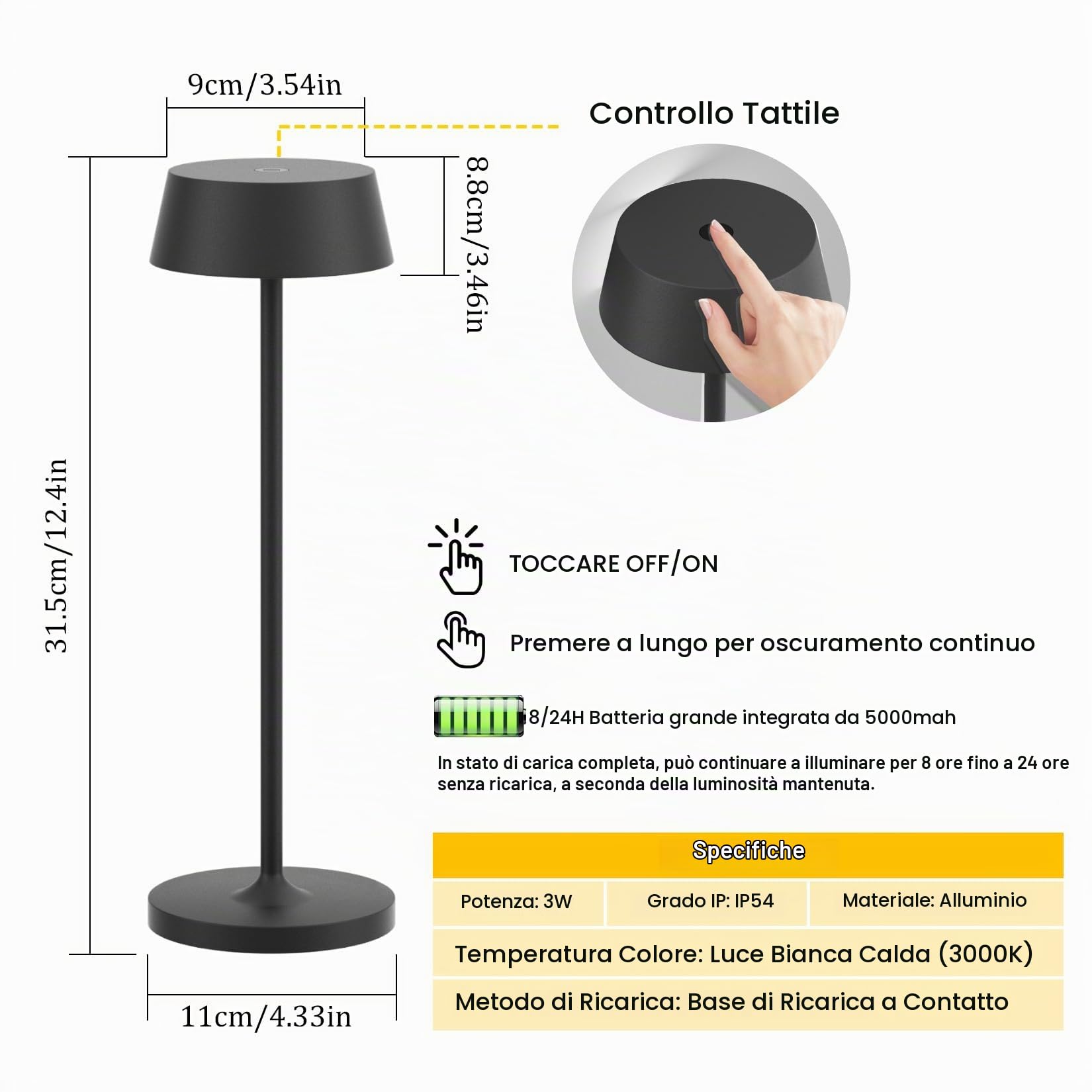 Klighten 2 Pezzi Led Lampada da Tavolo senza fili Dimmerabile, Touch Control Led Alluminio Ricaricabile Lampada da Scrivania Batteria, con Base di Ricarica Contatt, 3000K, Impermeabile IP54, Bianco