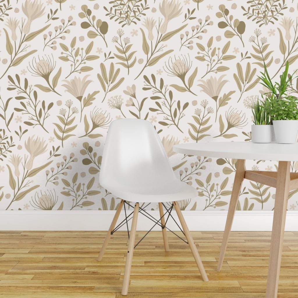 Spoonflower Removable Wallpaper 3ft x 2ft - Blooms Cream Green Flowers Floral Tan Neutral Custom Pre-Pasted Wallpaper