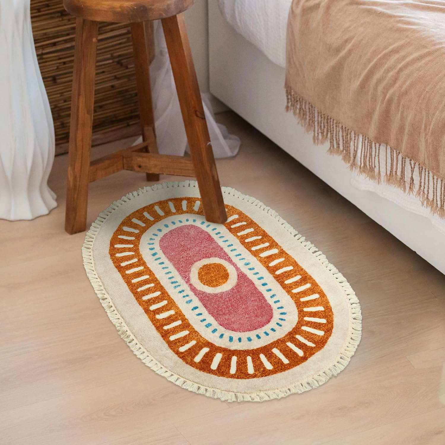 Lukinbox Boho Bathroom Rugs with Fringes, 2x3 Small Oval Washable Sun Area Rug for Bedroom, Ultra Soft Non-Slip Rainbow Throw Rug for Kids Room Nursery Entryway Kitchen