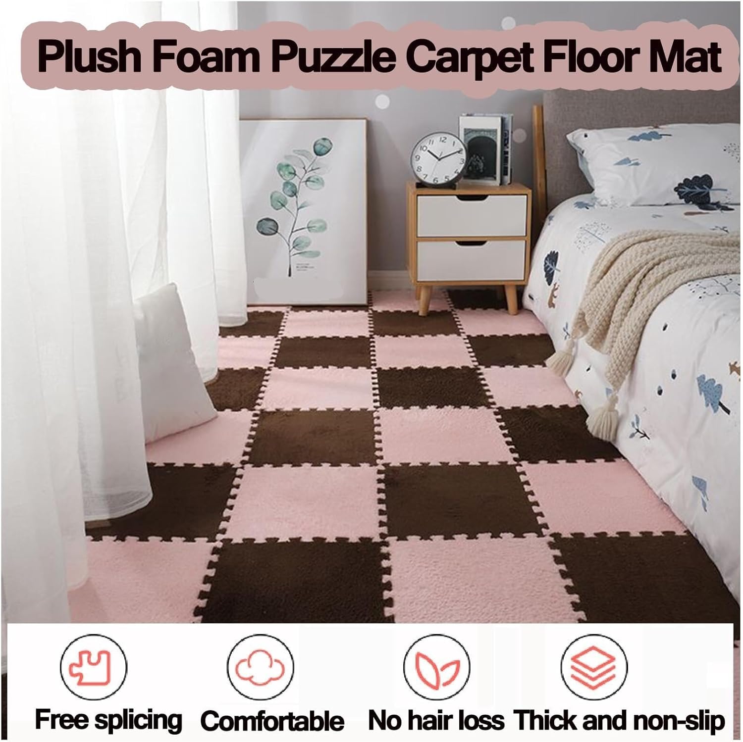 50pcs Plush Foam Interlocking Tiles Carpet, 30x30cm Fluffy Puzzle Floor Mat, Thick 0.4" Eva Floor Protective Mats for Playroom Livingroo(Blue+White)