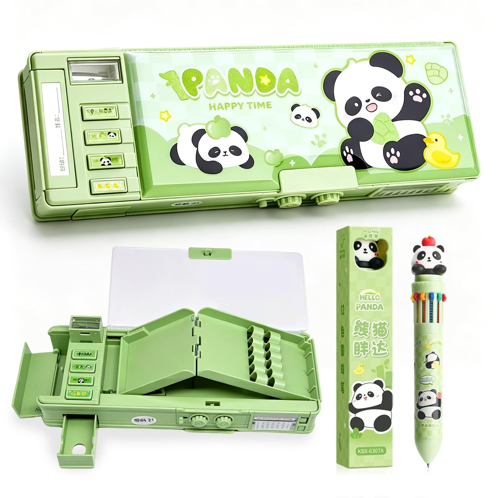 CYGMRFH Pop Up Multifunction Password Lock PencilCase,Panda Kawaii Stationery Set with 12-in-1 Colour Changing Ball Point Pen 0.7mm Bullet Tip,Cute Pen Box Organiser for School Teens Girls Boys Green