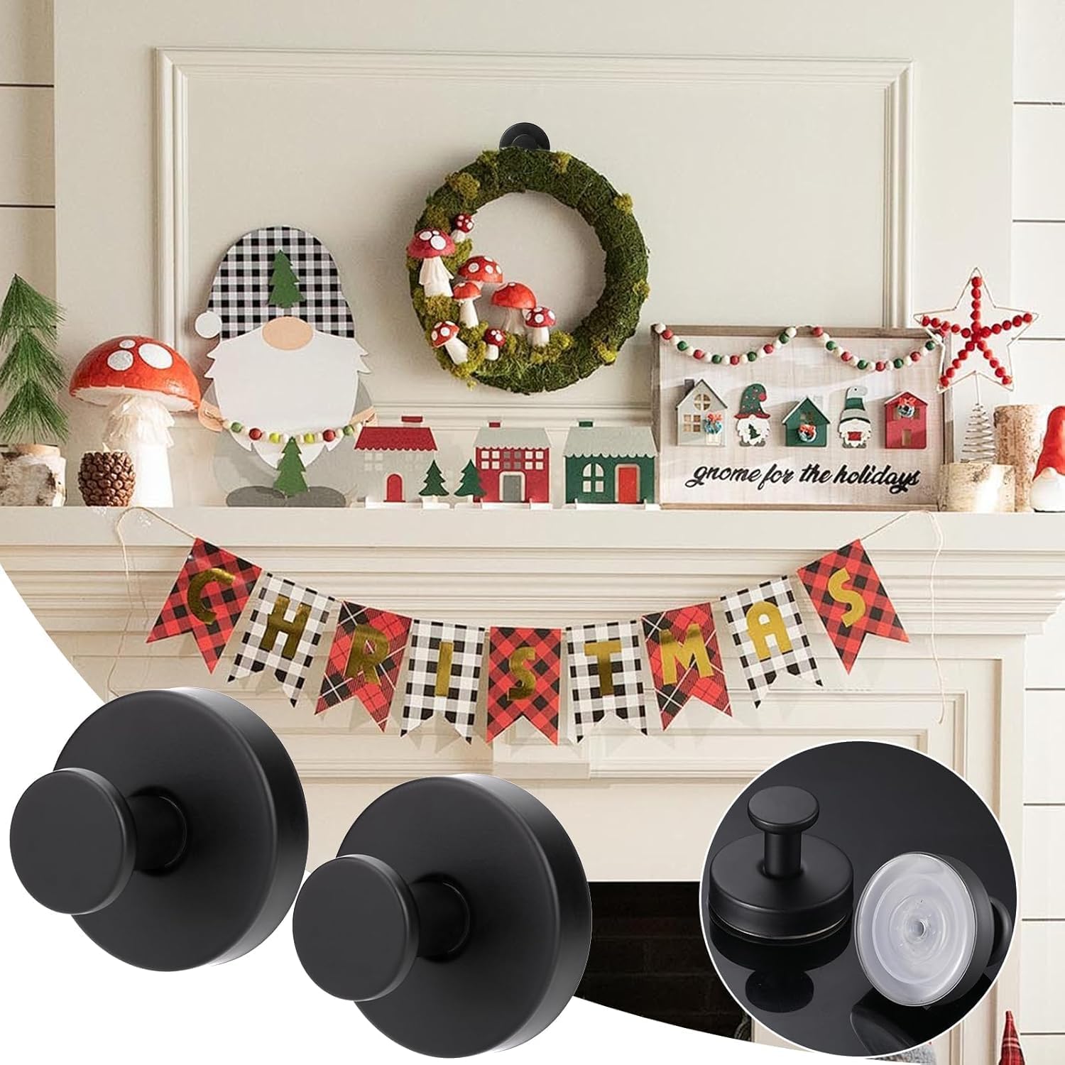 Suction Cup Wreath Hangers for Front Door, 4 Pack Black No Drill Hooks, 2 in 1 Mantle Stocking Holder, Christmas Holiday Garland Hanger, 6cm x 2.26 Inch