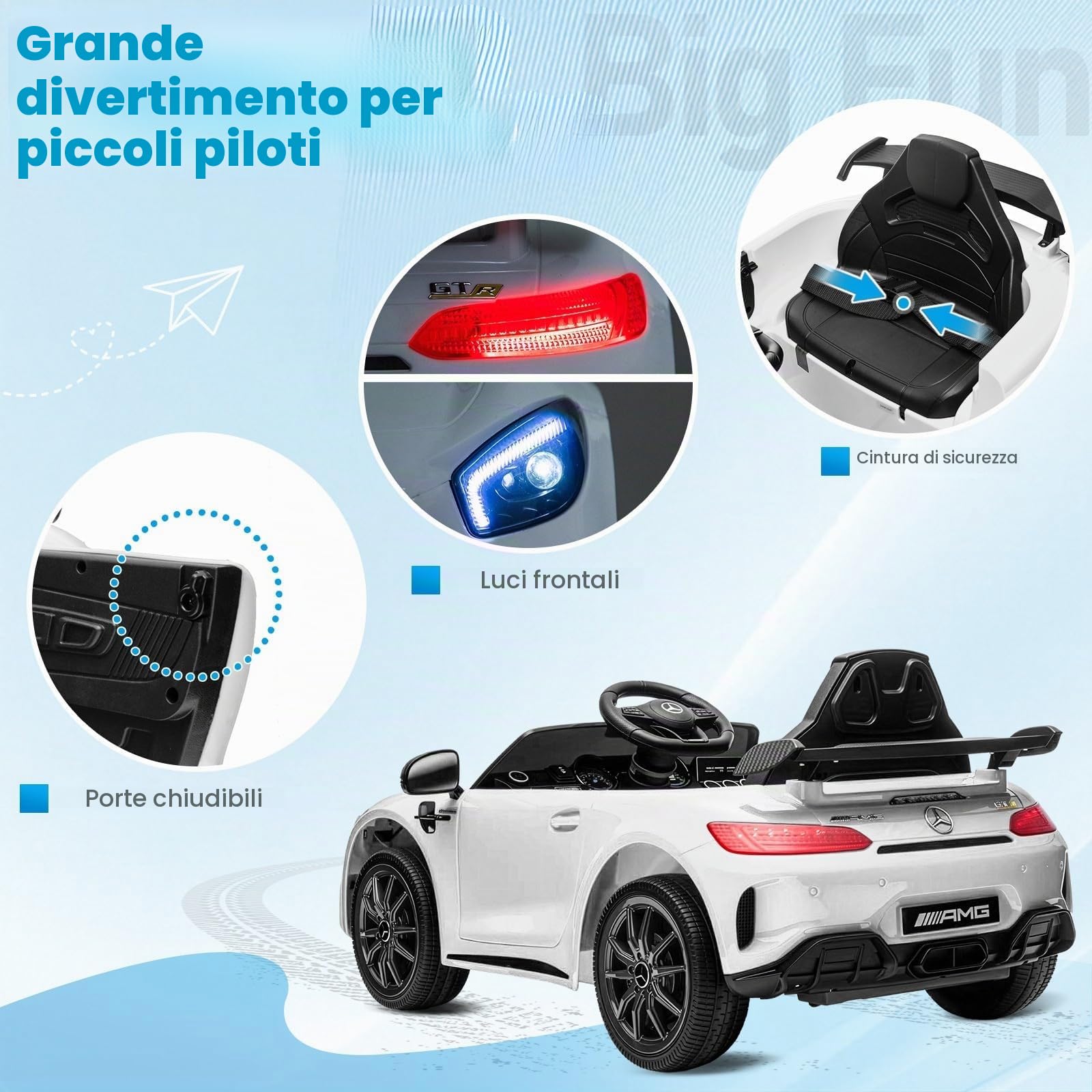LALAHO Auto Elettrico per Bambini 12V GTR con Telecomando 2,4 GHz, Veicolo Elettrico a 2 Porte con MP3, Klaxon, Luci LED (Bianco)