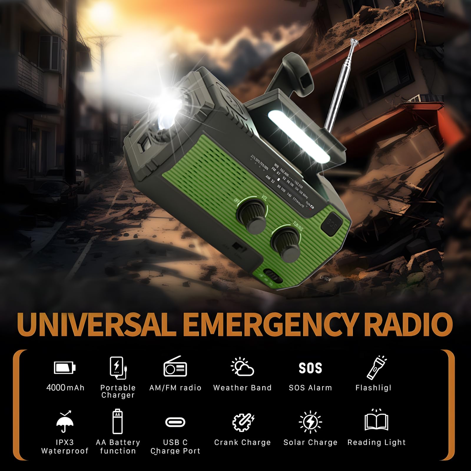 SOLARBABY Radio solare di emergenza con manovella, torcia LED, allarme SOS, AM/FM, batteria 4000 mAh, ricarica smartphone (Verde)