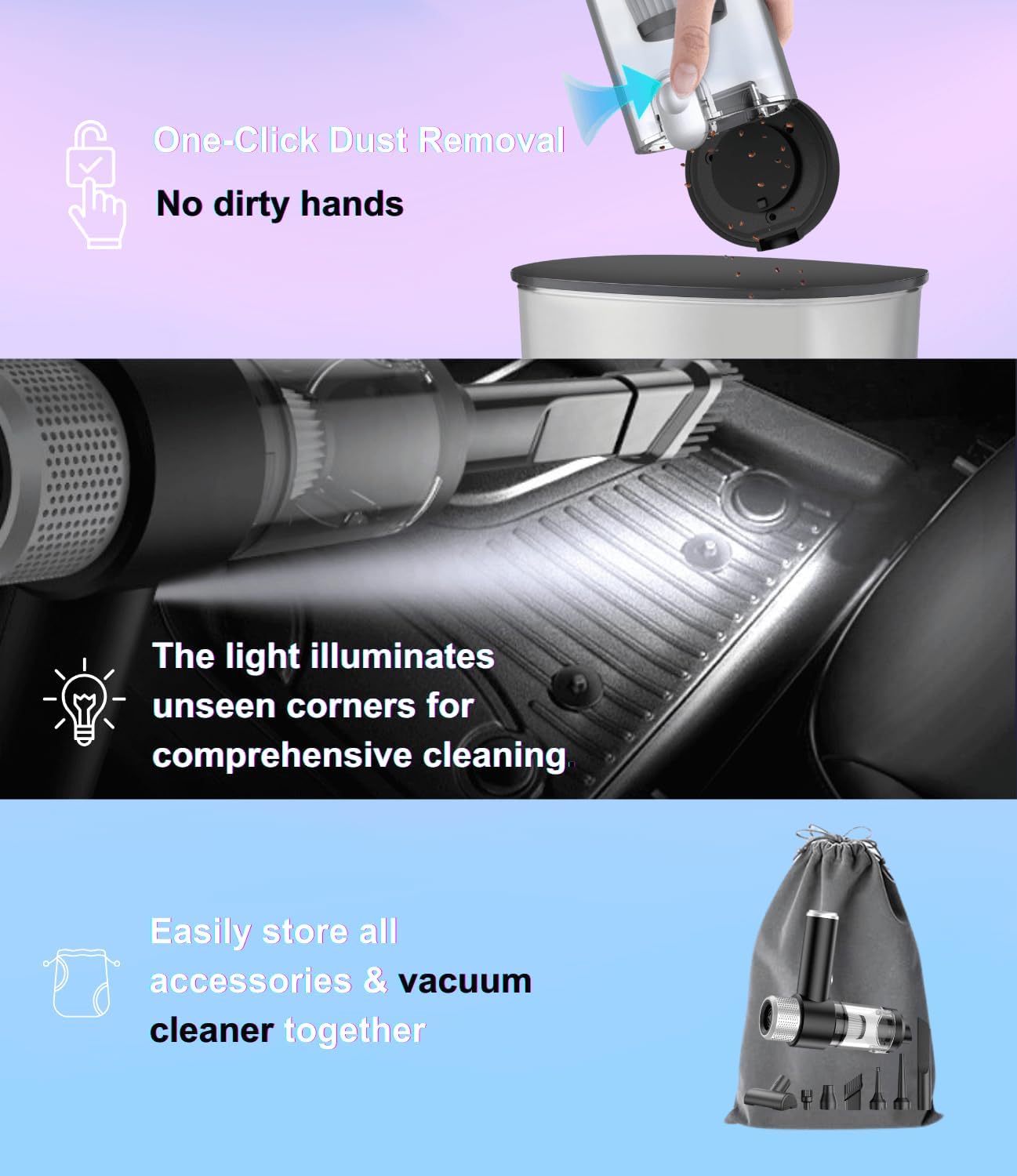Car Vacuum Portable Cordless - 15000PA High Power Handheld Vacuum Cordless Rechargeable with LED Light & Air Duster 4 in 1, Low Noise Dust Buster Hand Vacuum for Car Home Pet Office