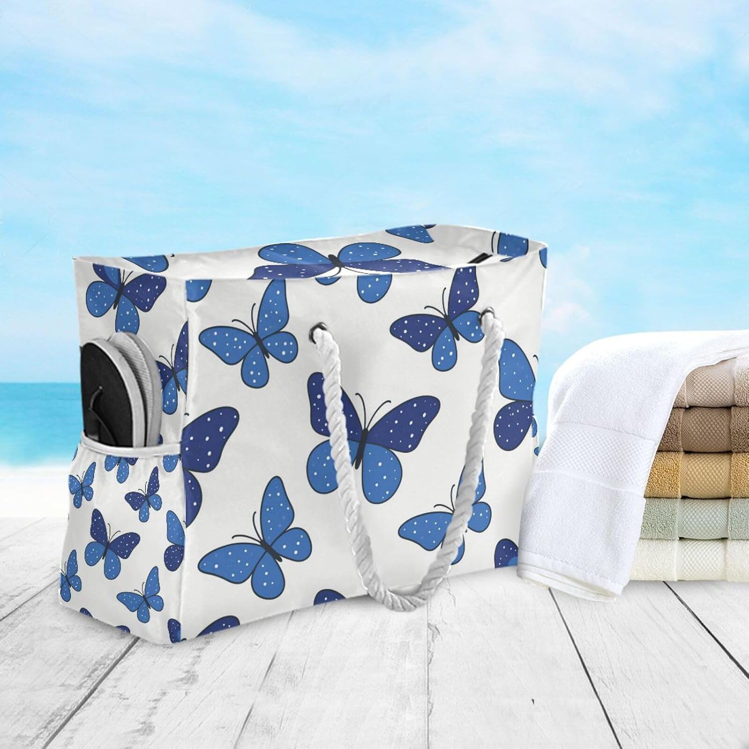 OTVEE Blue Butterflies Pattern Beach Bags for Women Ladies Large Canvas Tote Shoulder Bag Waterproof Travel Bags for Gym Swim Pool Camping