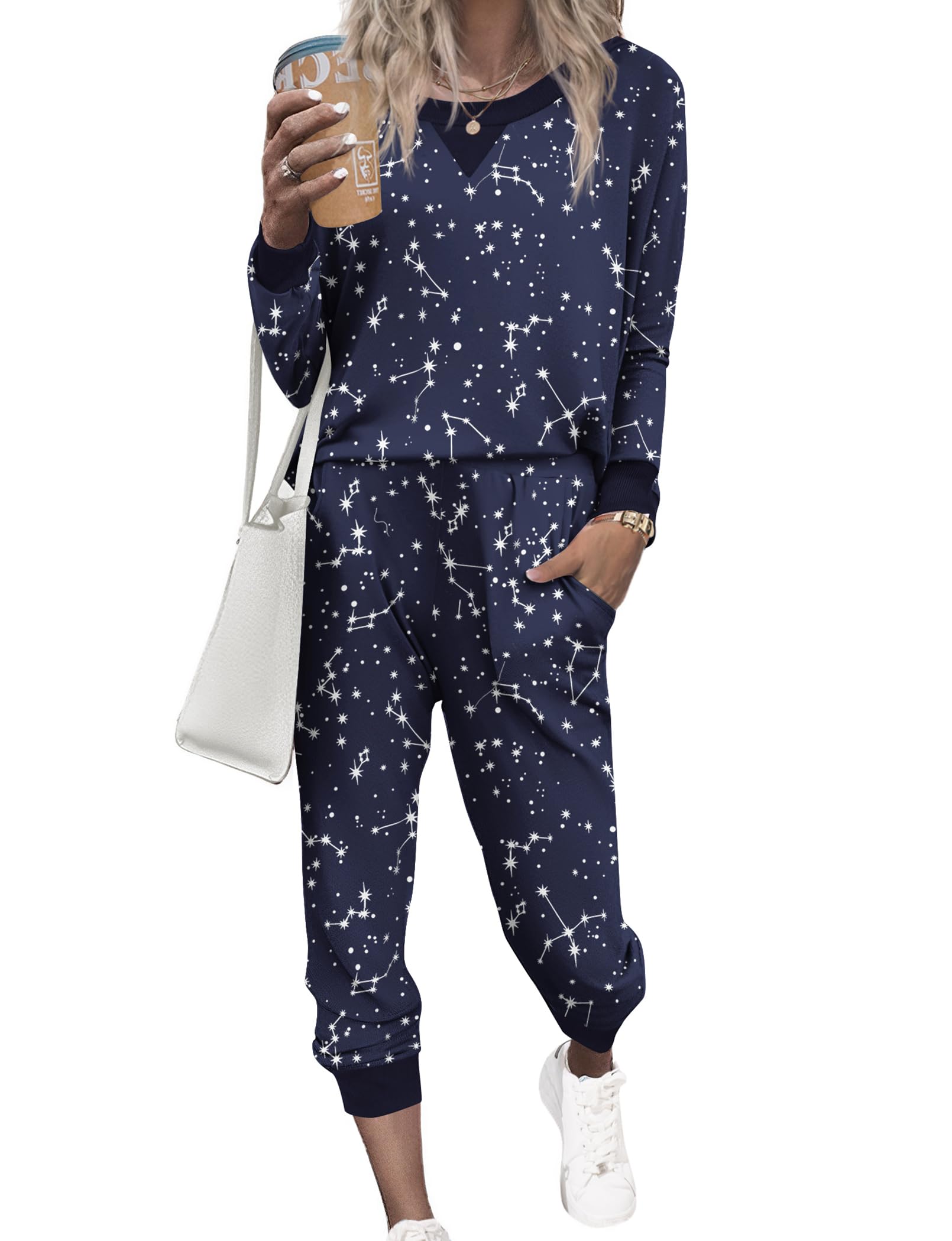 Ekouaer Pajamas Set Long Sleeve Pj Sets 2 Piece Jogger Pajama Sets Soft Sleepwear Loungewear for Women